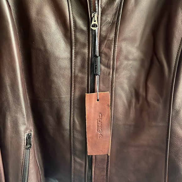 Italian Brown Leather Zip Up Jacket Made‎ by  CURGÈ Woman size 2XL EU 58 NWT W5 - Picture 3 of 8